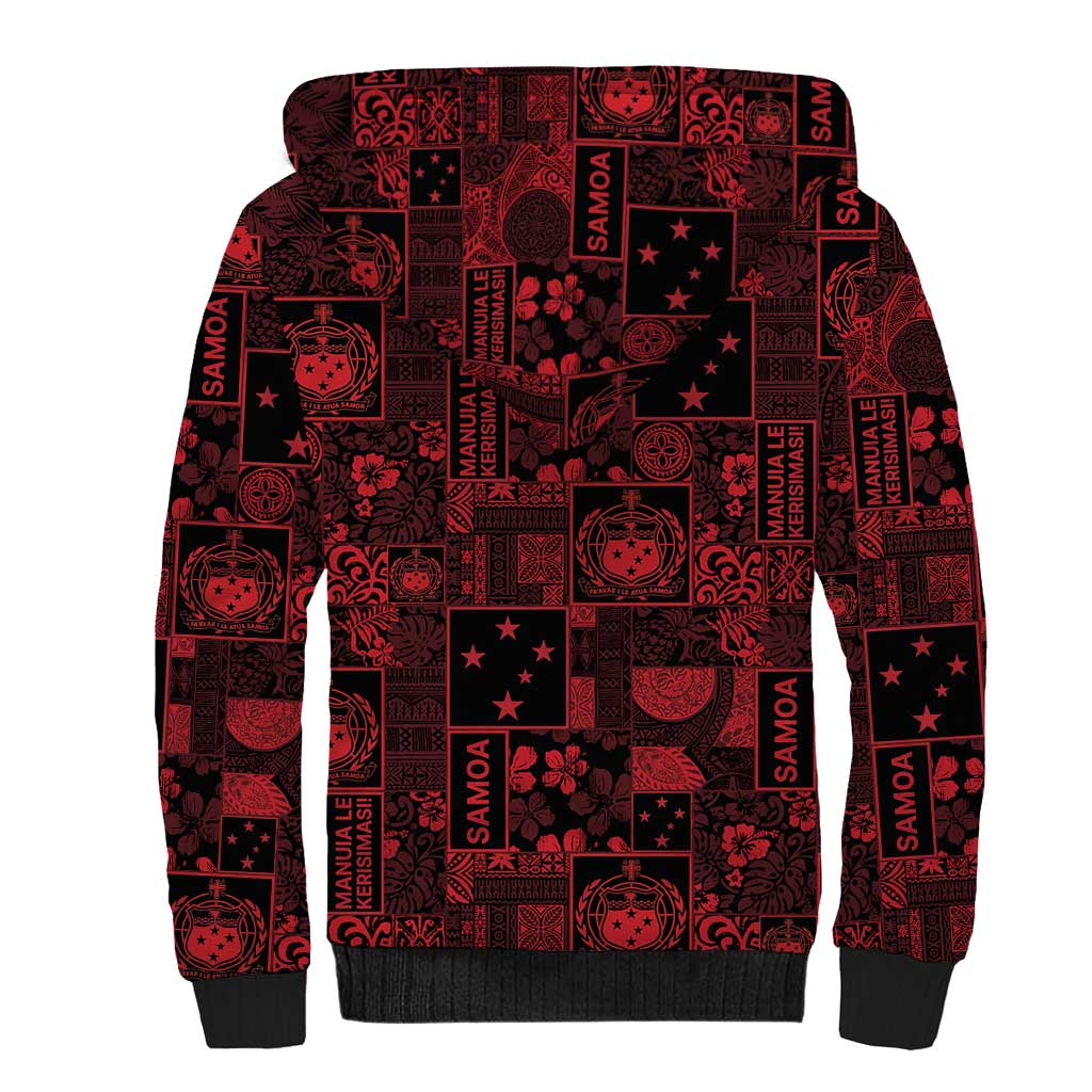 Dark Samoa Manuia Le Kerisimasi Sherpa Hoodie Pacific Patchwork Xmas Vibes - Polynesian Pride