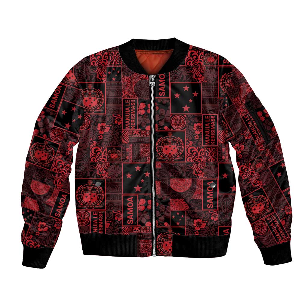 Dark Samoa Manuia Le Kerisimasi Sleeve Zip Bomber Jacket Pacific Patchwork Xmas Vibes - Polynesian Pride