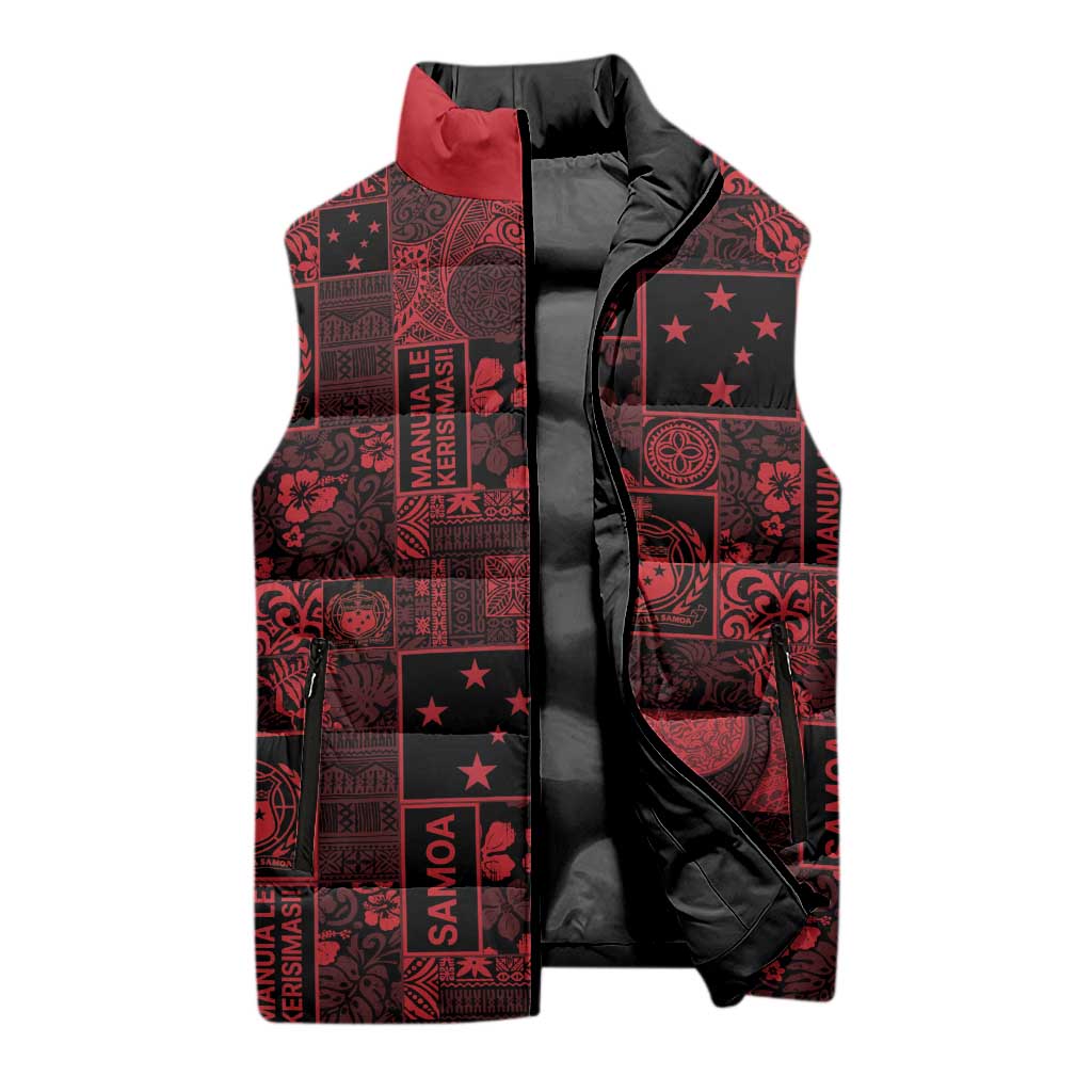 Dark Samoa Manuia Le Kerisimasi Sleeveless Puffer Jacket Pacific Patchwork Xmas Vibes - Polynesian Pride