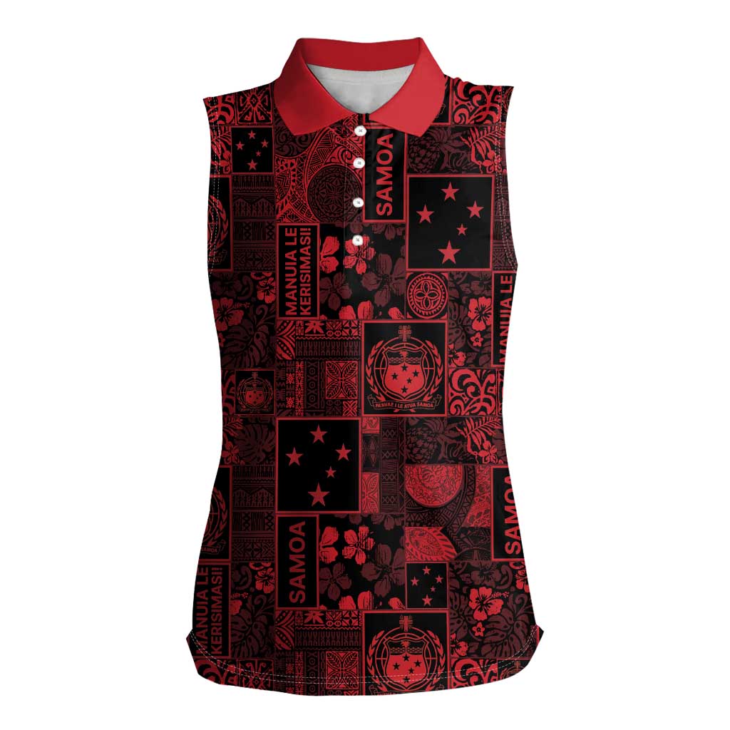 Dark Samoa Manuia Le Kerisimasi Women Sleeveless Polo Shirt Pacific Patchwork Xmas Vibes - Polynesian Pride