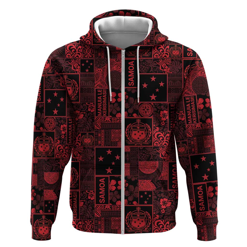 Dark Samoa Manuia Le Kerisimasi Zip Hoodie Pacific Patchwork Xmas Vibes - Polynesian Pride