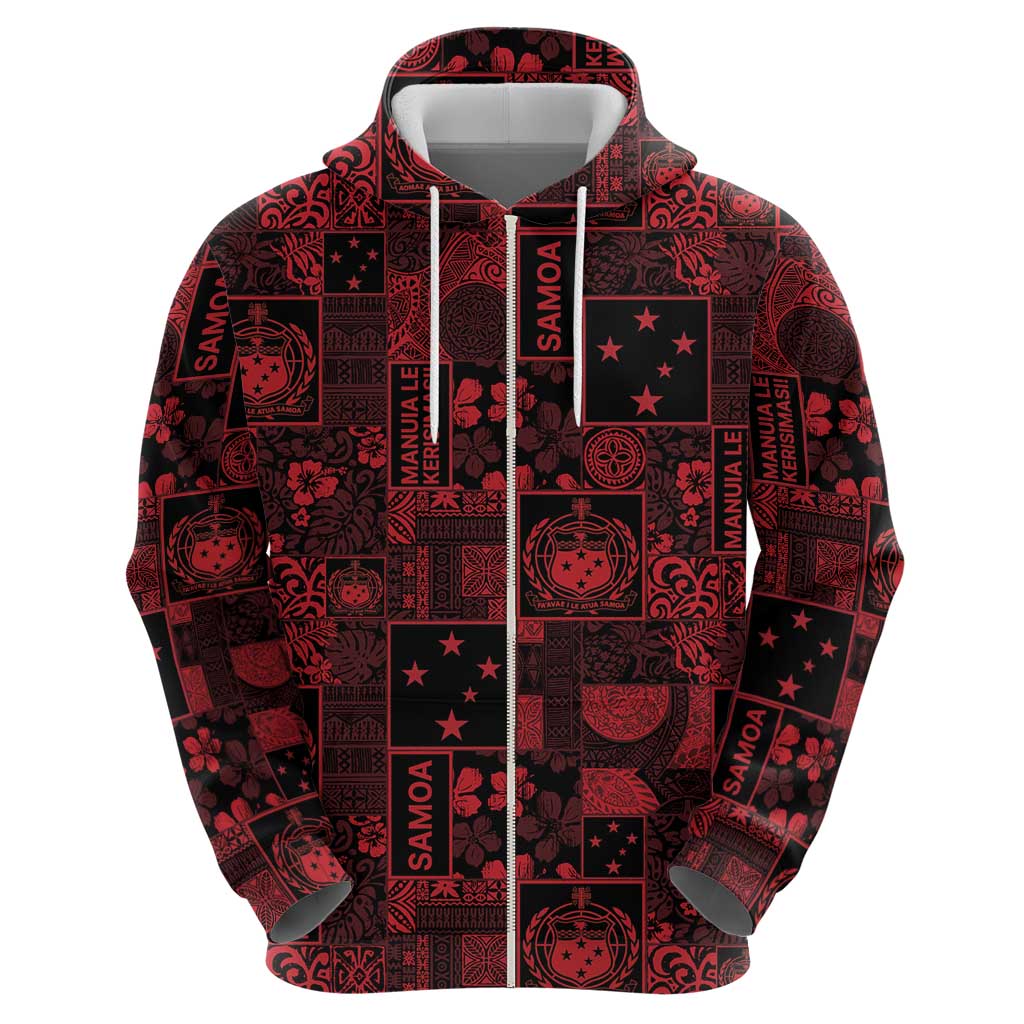 Dark Samoa Manuia Le Kerisimasi Zip Hoodie Pacific Patchwork Xmas Vibes - Polynesian Pride