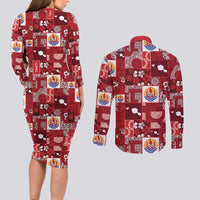 Tahiti Oaoa I Teie Noera Couples Matching Long Sleeve Bodycon Dress and Long Sleeve Button Shirt Pacific Patchwork Xmas Vibes - Polynesian Pride