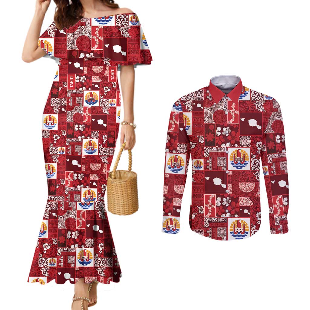 Tahiti Oaoa I Teie Noera Couples Matching Mermaid Dress and Long Sleeve Button Shirt Pacific Patchwork Xmas Vibes - Polynesian Pride