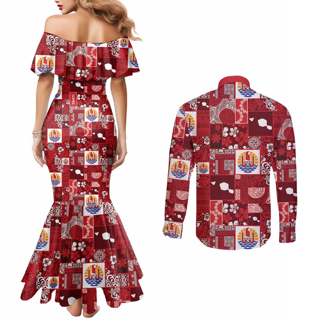 Tahiti Oaoa I Teie Noera Couples Matching Mermaid Dress and Long Sleeve Button Shirt Pacific Patchwork Xmas Vibes - Polynesian Pride