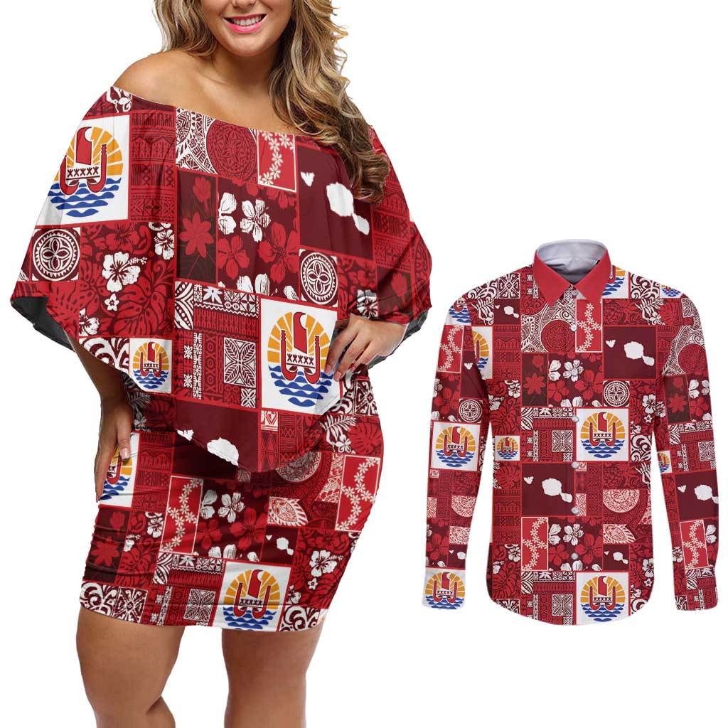 Tahiti Oaoa I Teie Noera Couples Matching Off Shoulder Short Dress and Long Sleeve Button Shirt Pacific Patchwork Xmas Vibes - Polynesian Pride