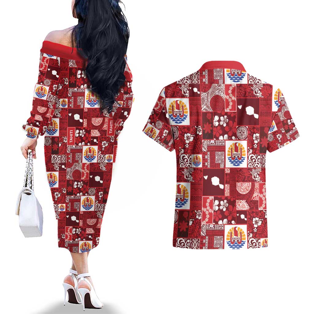 Tahiti Oaoa I Teie Noera Couples Matching Off The Shoulder Long Sleeve Dress and Hawaiian Shirt Pacific Patchwork Xmas Vibes - Polynesian Pride