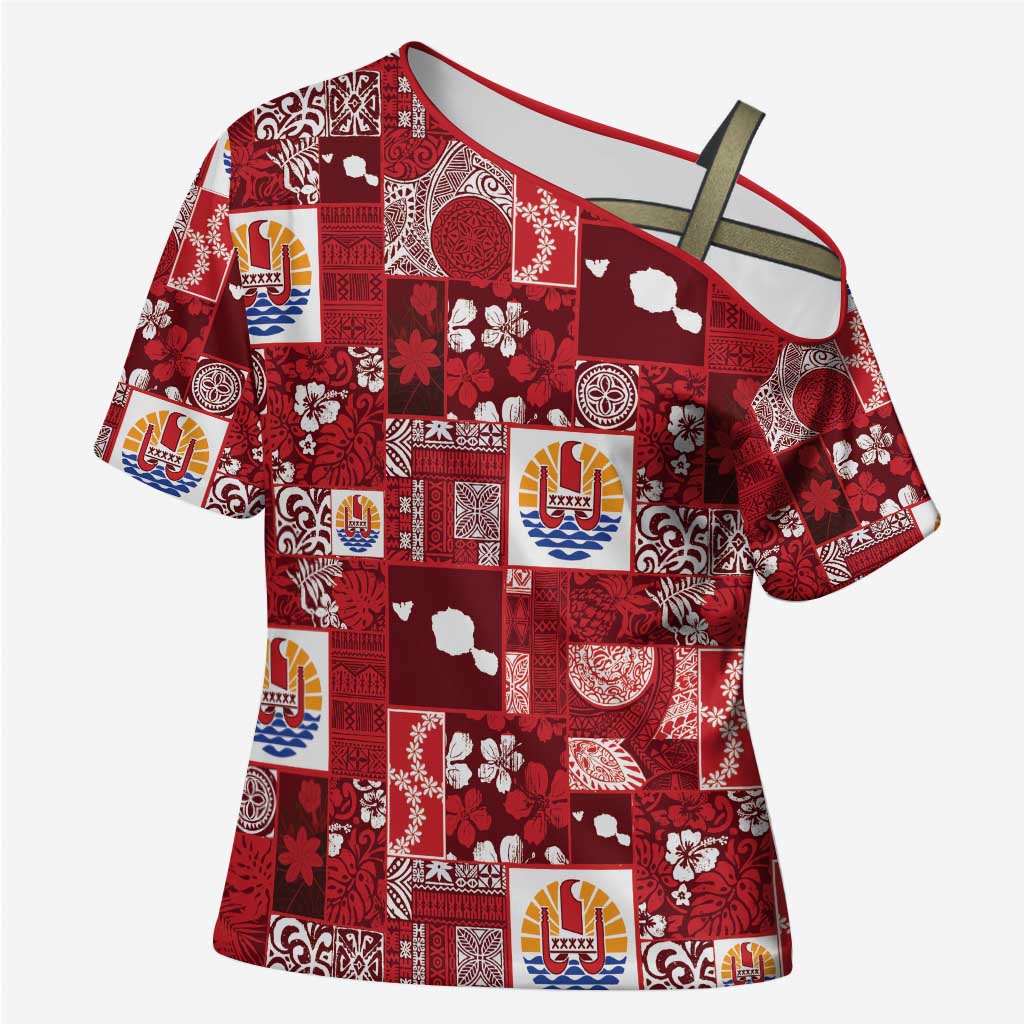 Tahiti Oaoa I Teie Noera Cross Shoulder Shirt Pacific Patchwork Xmas Vibes - Polynesian Pride