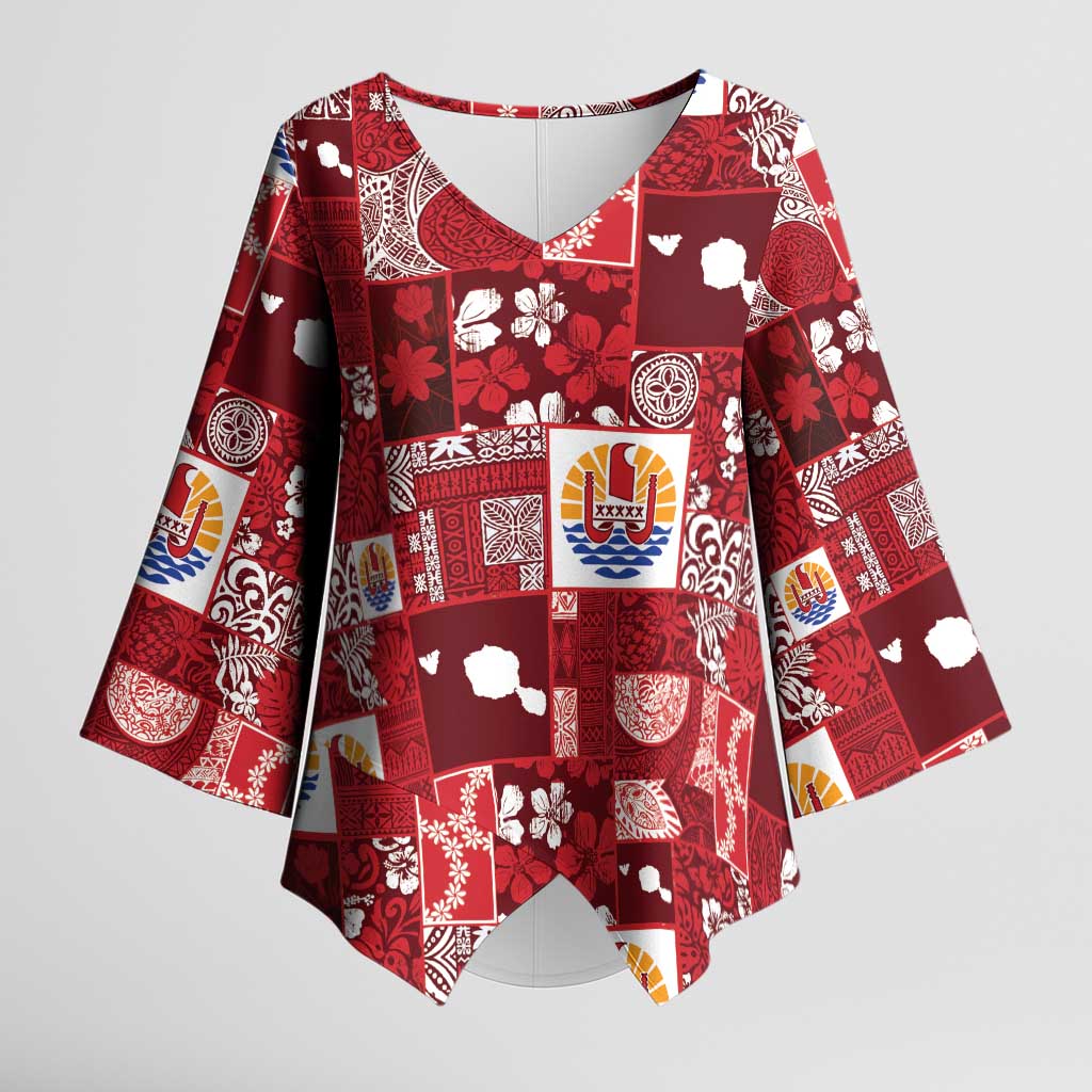 Tahiti Oaoa I Teie Noera Kimono Sleeve Blouse Pacific Patchwork Xmas Vibes - Polynesian Pride
