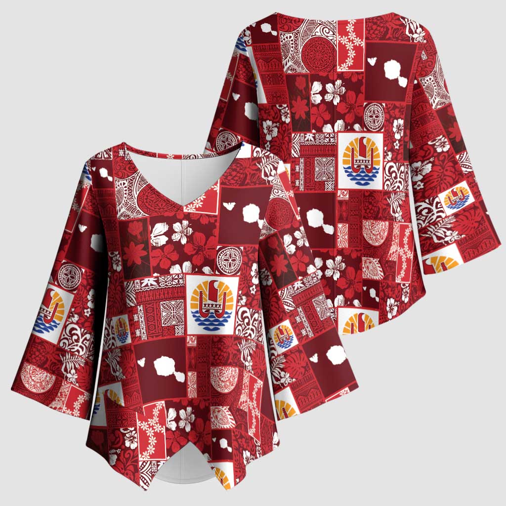 Tahiti Oaoa I Teie Noera Kimono Sleeve Blouse Pacific Patchwork Xmas Vibes - Polynesian Pride
