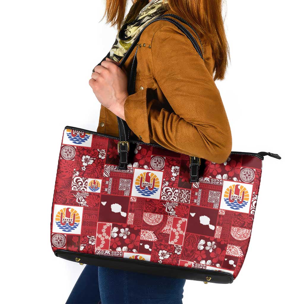 Tahiti Oaoa I Teie Noera Leather Tote Bag Pacific Patchwork Xmas Vibes - Polynesian Pride