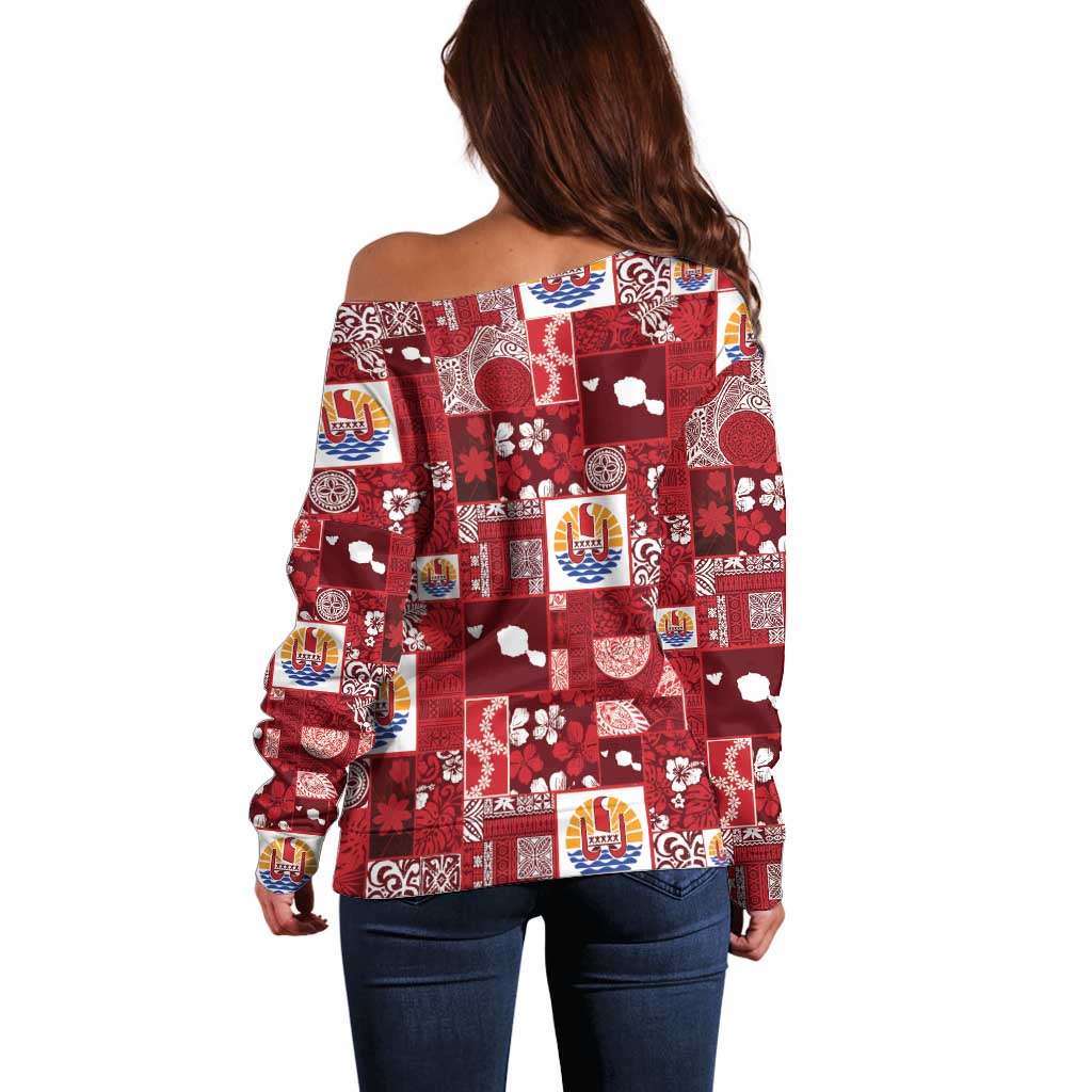 Tahiti Oaoa I Teie Noera Off Shoulder Sweater Pacific Patchwork Xmas Vibes - Polynesian Pride