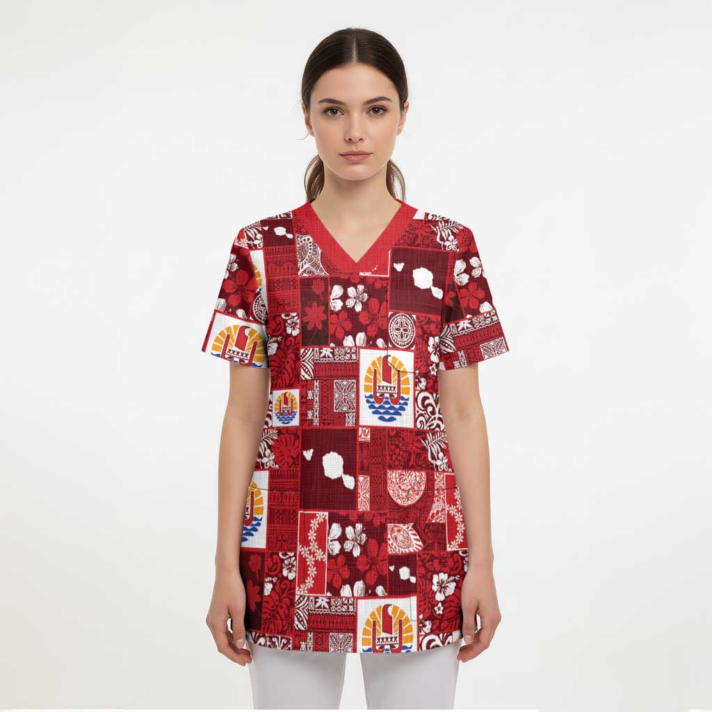 Tahiti Oaoa I Teie Noera Scrub Top Pacific Patchwork Xmas Vibes - Polynesian Pride