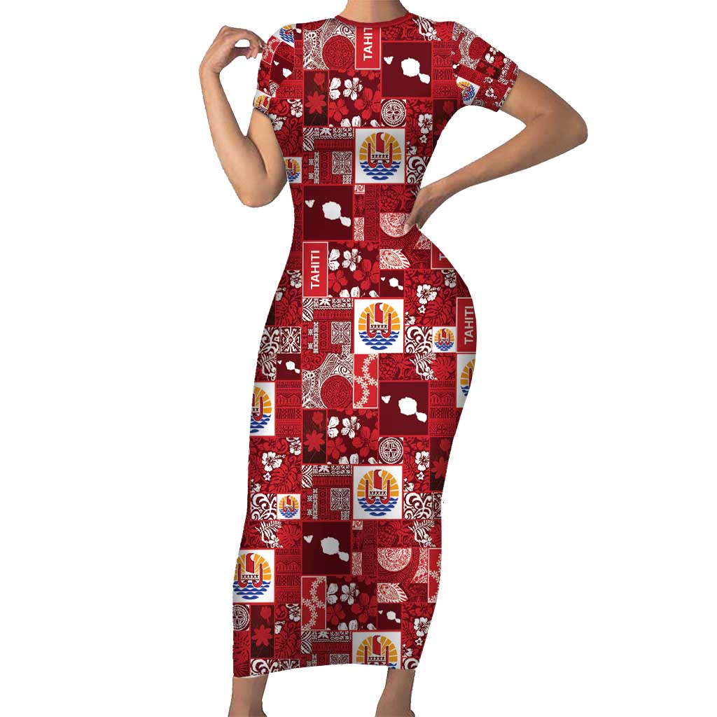 Tahiti Oaoa I Teie Noera Short Sleeve Bodycon Dress Pacific Patchwork Xmas Vibes - Polynesian Pride