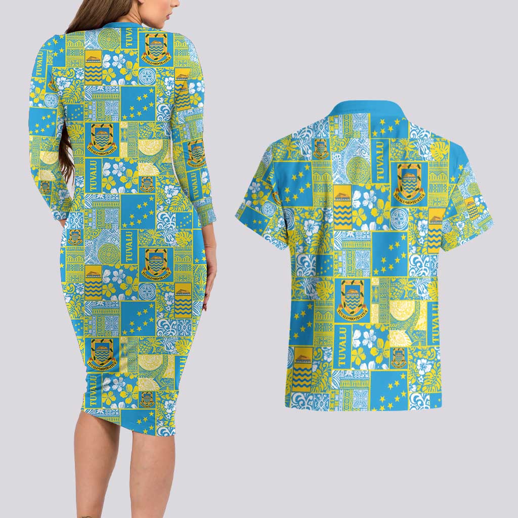 Tuvalu Manuia te Kilisimasi Couples Matching Long Sleeve Bodycon Dress and Hawaiian Shirt Pacific Patchwork Xmas Vibes - Polynesian Pride