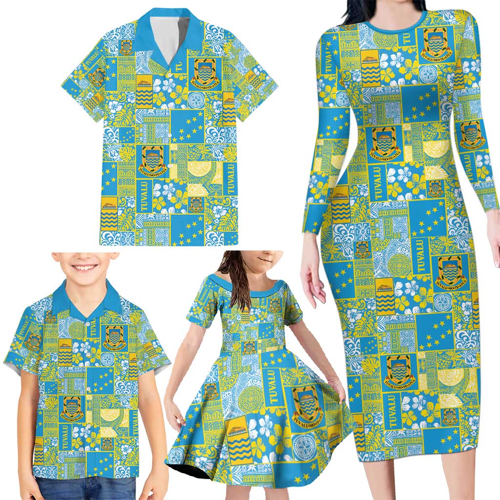 Tuvalu Manuia te Kilisimasi Family Matching Long Sleeve Bodycon Dress and Hawaiian Shirt Pacific Patchwork Xmas Vibes - Polynesian Pride