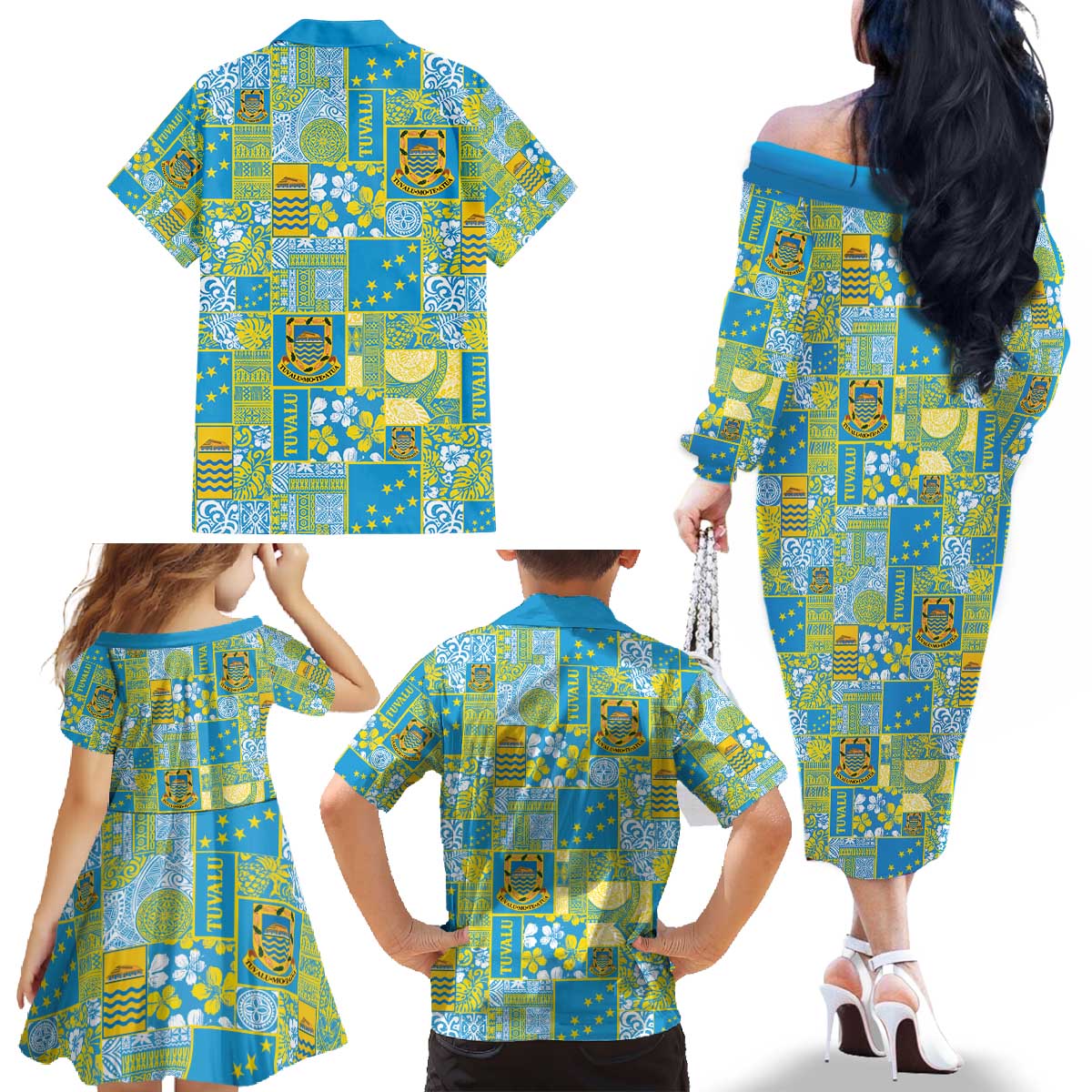 Tuvalu Manuia te Kilisimasi Family Matching Off The Shoulder Long Sleeve Dress and Hawaiian Shirt Pacific Patchwork Xmas Vibes - Polynesian Pride
