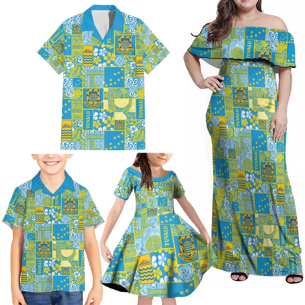 Tuvalu Manuia te Kilisimasi Family Matching Off Shoulder Maxi Dress and Hawaiian Shirt Pacific Patchwork Xmas Vibes - Polynesian Pride