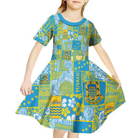 Tuvalu Manuia te Kilisimasi Kid Short Sleeve Dress Pacific Patchwork Xmas Vibes - Polynesian Pride