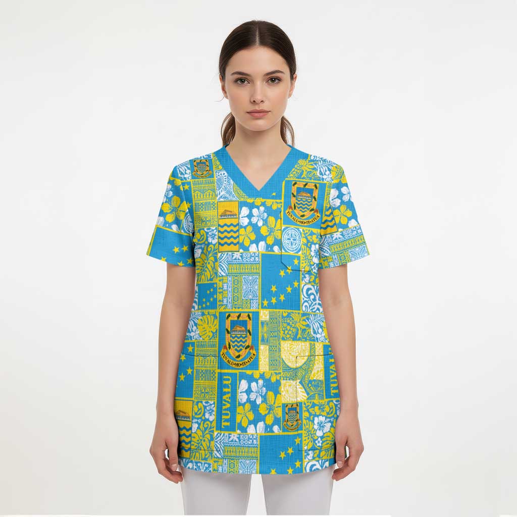 Tuvalu Manuia te Kilisimasi Scrub Top Pacific Patchwork Xmas Vibes - Polynesian Pride