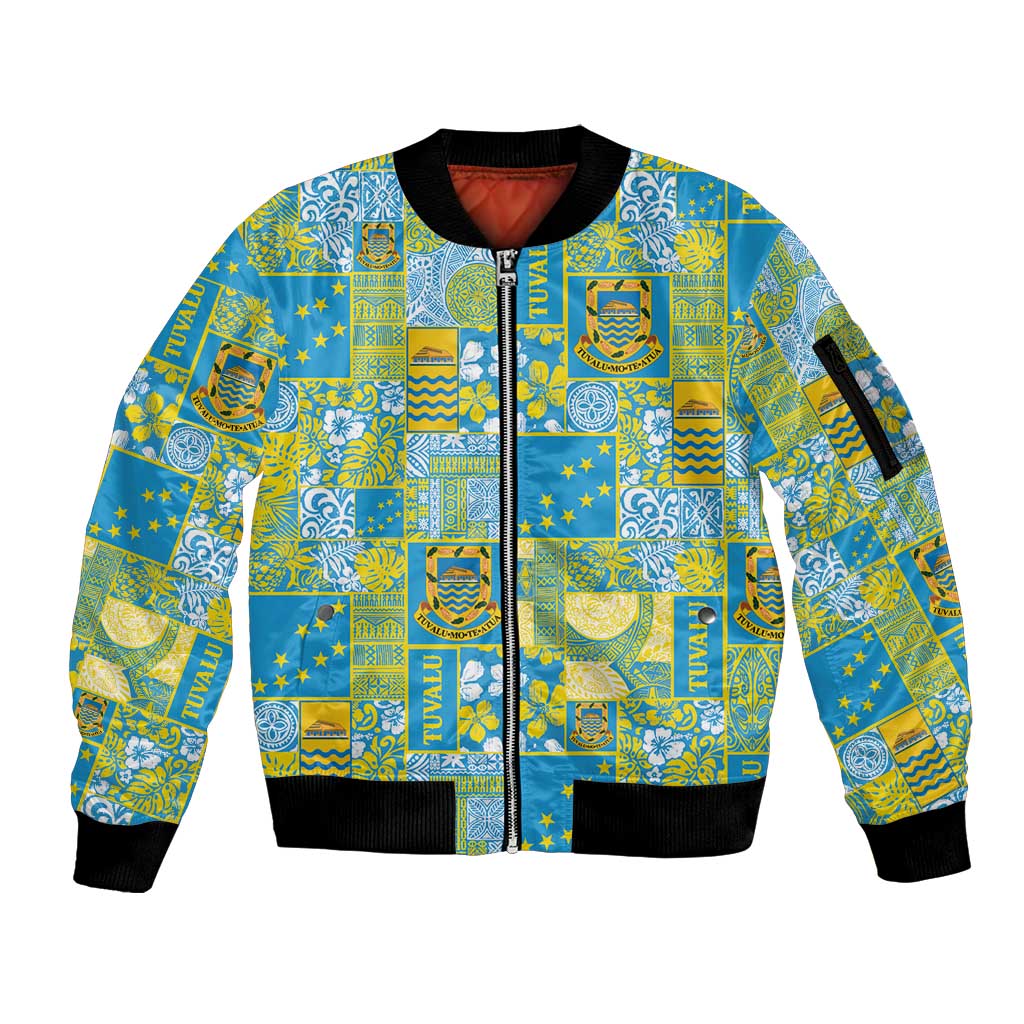 Tuvalu Manuia te Kilisimasi Sleeve Zip Bomber Jacket Pacific Patchwork Xmas Vibes - Polynesian Pride