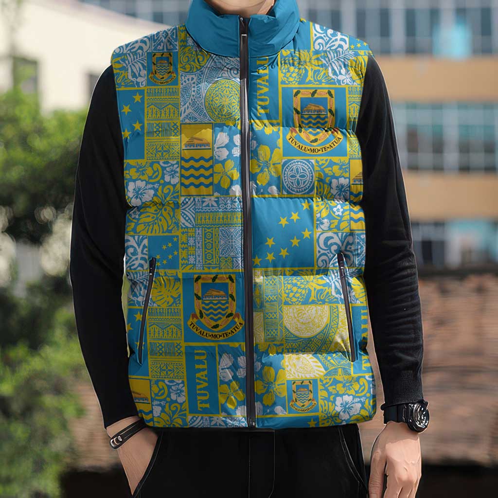 Tuvalu Manuia te Kilisimasi Sleeveless Puffer Jacket Pacific Patchwork Xmas Vibes - Polynesian Pride