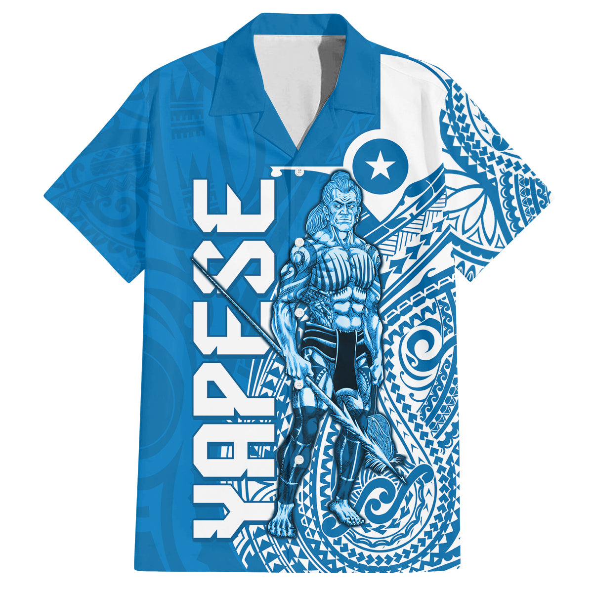 Yap Day 1 March Family Matching Off Shoulder Maxi Dress and Hawaiian Shirt Micronesia Yapese Warrior LT9 Dad's Shirt - Short Sleeve Blue - Polynesian Pride