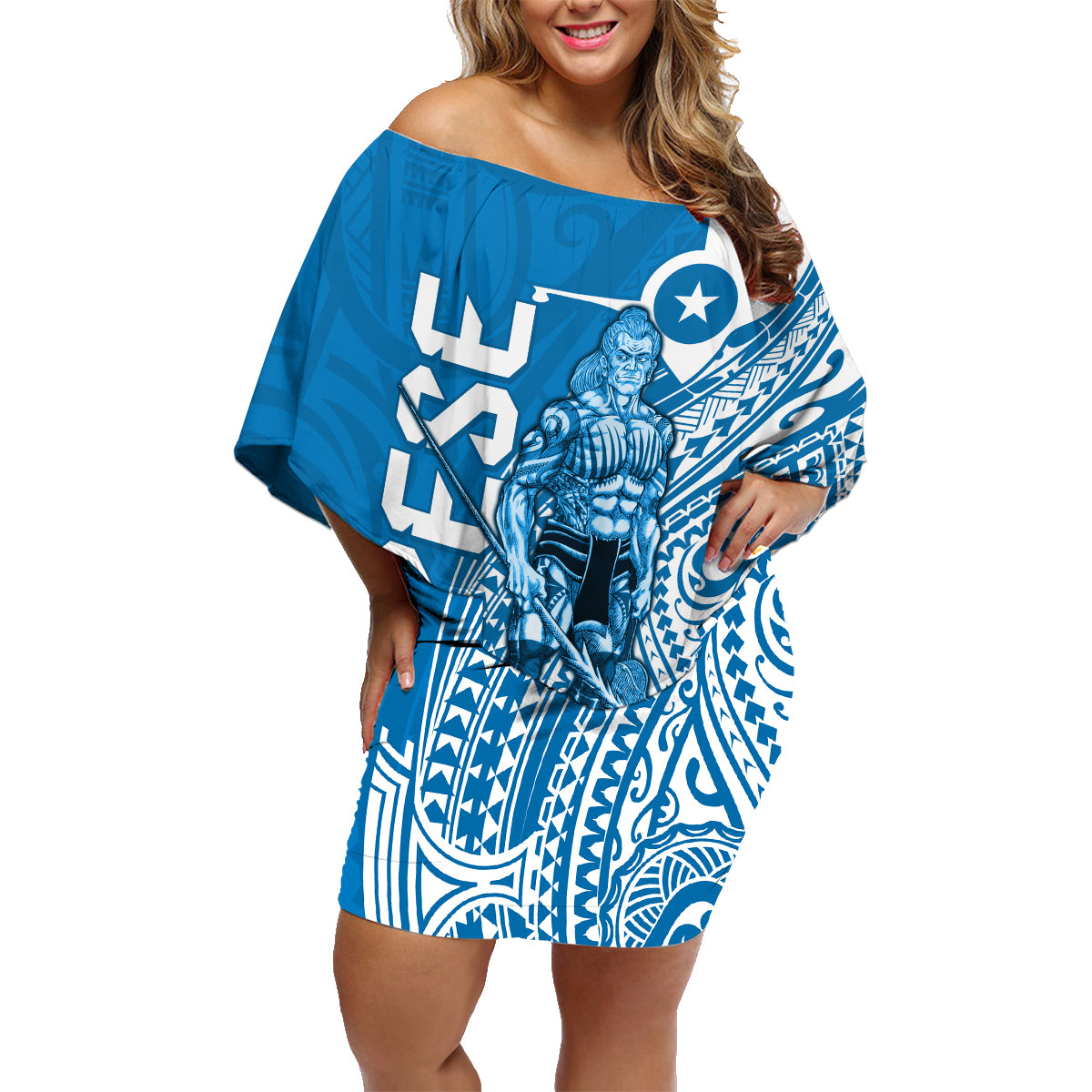 Yap Day 1 March Family Matching Off Shoulder Short Dress and Hawaiian Shirt Micronesia Yapese Warrior LT9 Mom's Dress Blue - Polynesian Pride