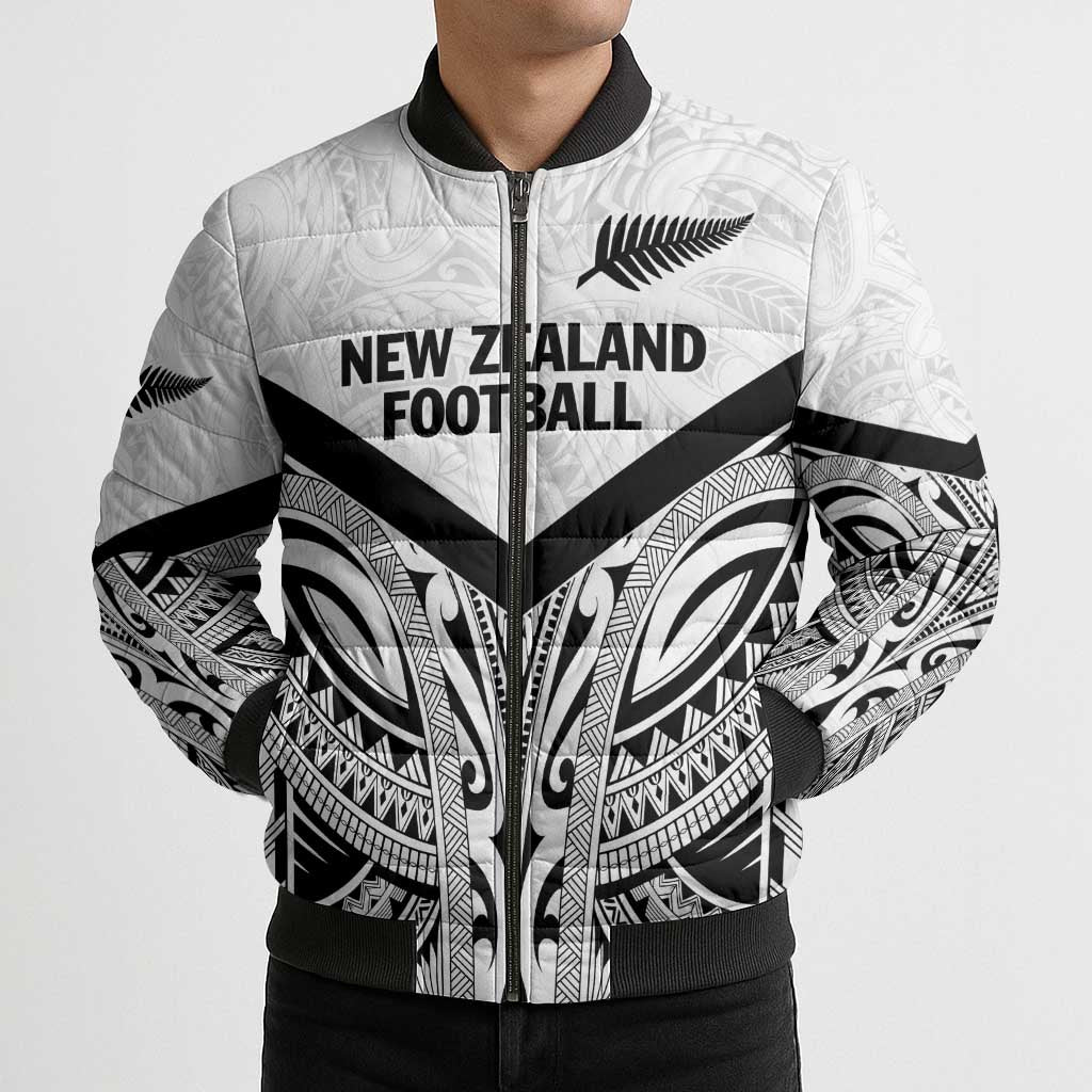 New Zealand Football Custom Bomber Puffer Jacket All White Fern Go Champions - Polynesian Pride