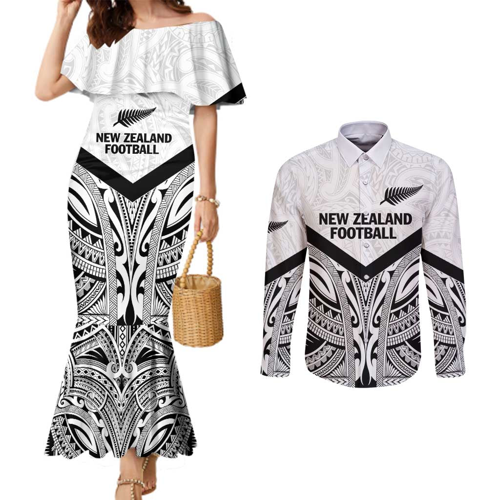 New Zealand Football Custom Couples Matching Mermaid Dress and Long Sleeve Button Shirt All White Fern Go Champions LT9 White - Polynesian Pride