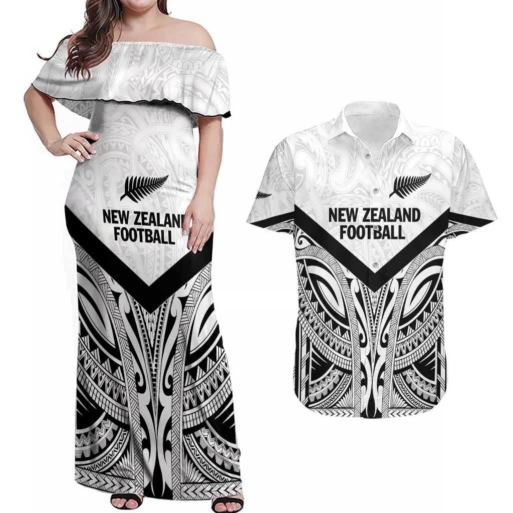 New Zealand Football Custom Couples Matching Off Shoulder Maxi Dress and Hawaiian Shirt All White Fern Go Champions