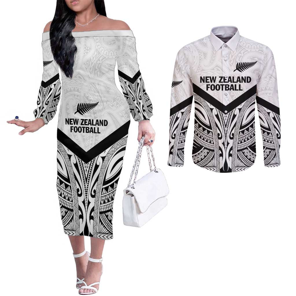 New Zealand Football Custom Couples Matching Off The Shoulder Long Sleeve Dress and Long Sleeve Button Shirt All White Fern Go Champions LT9 White - Polynesian Pride