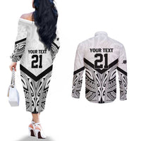 New Zealand Football Custom Couples Matching Off The Shoulder Long Sleeve Dress and Long Sleeve Button Shirt All White Fern Go Champions LT9 - Polynesian Pride