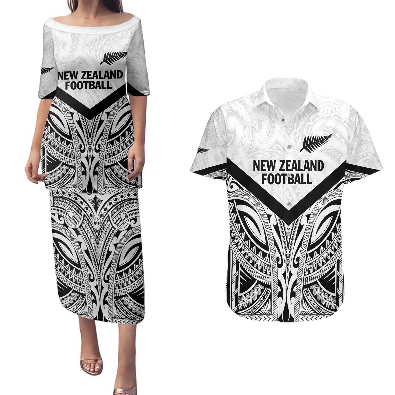 New Zealand Football Custom Couples Matching Puletasi and Hawaiian Shirt All White Fern Go Champions