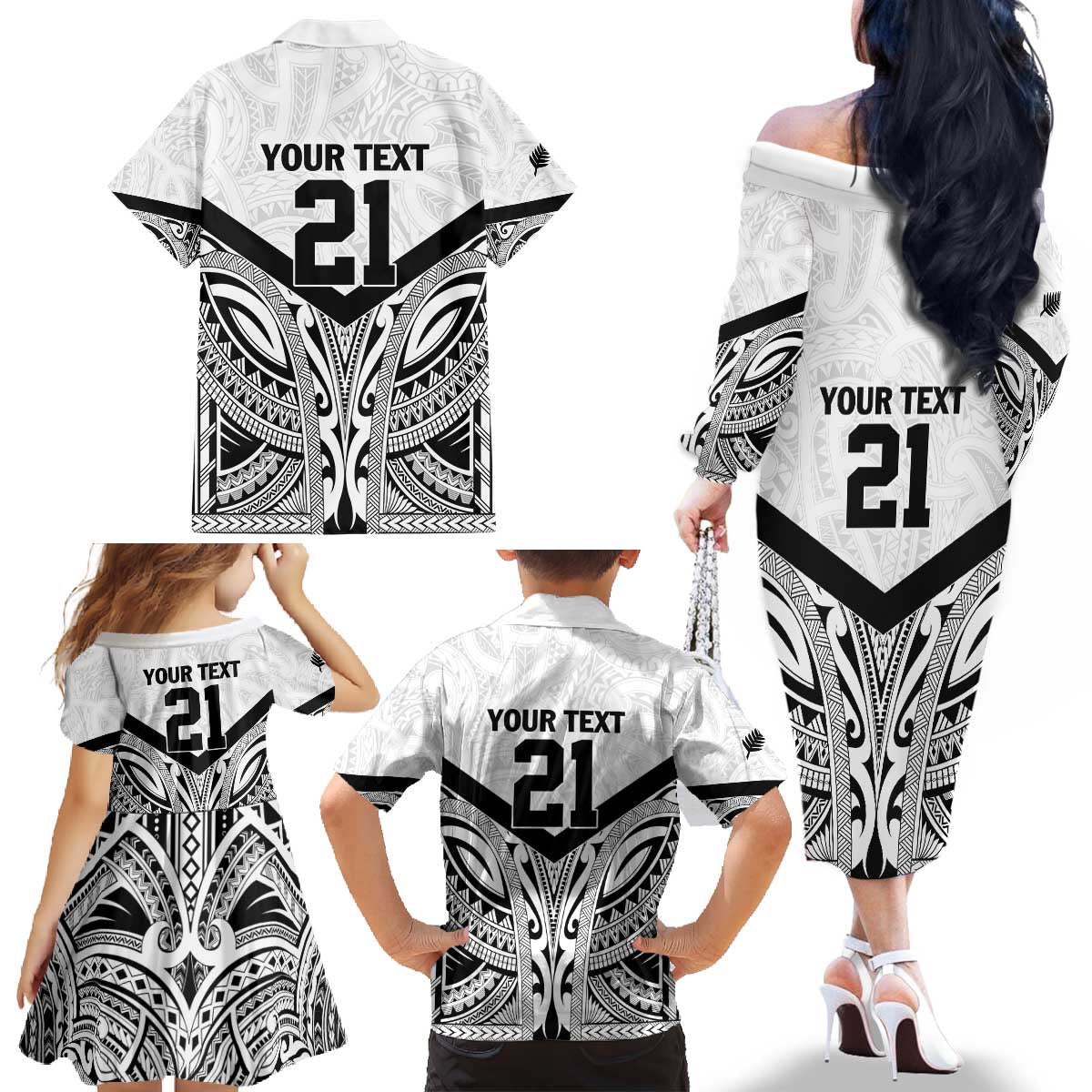 New Zealand Football Custom Family Matching Off The Shoulder Long Sleeve Dress and Hawaiian Shirt All White Fern Go Champions