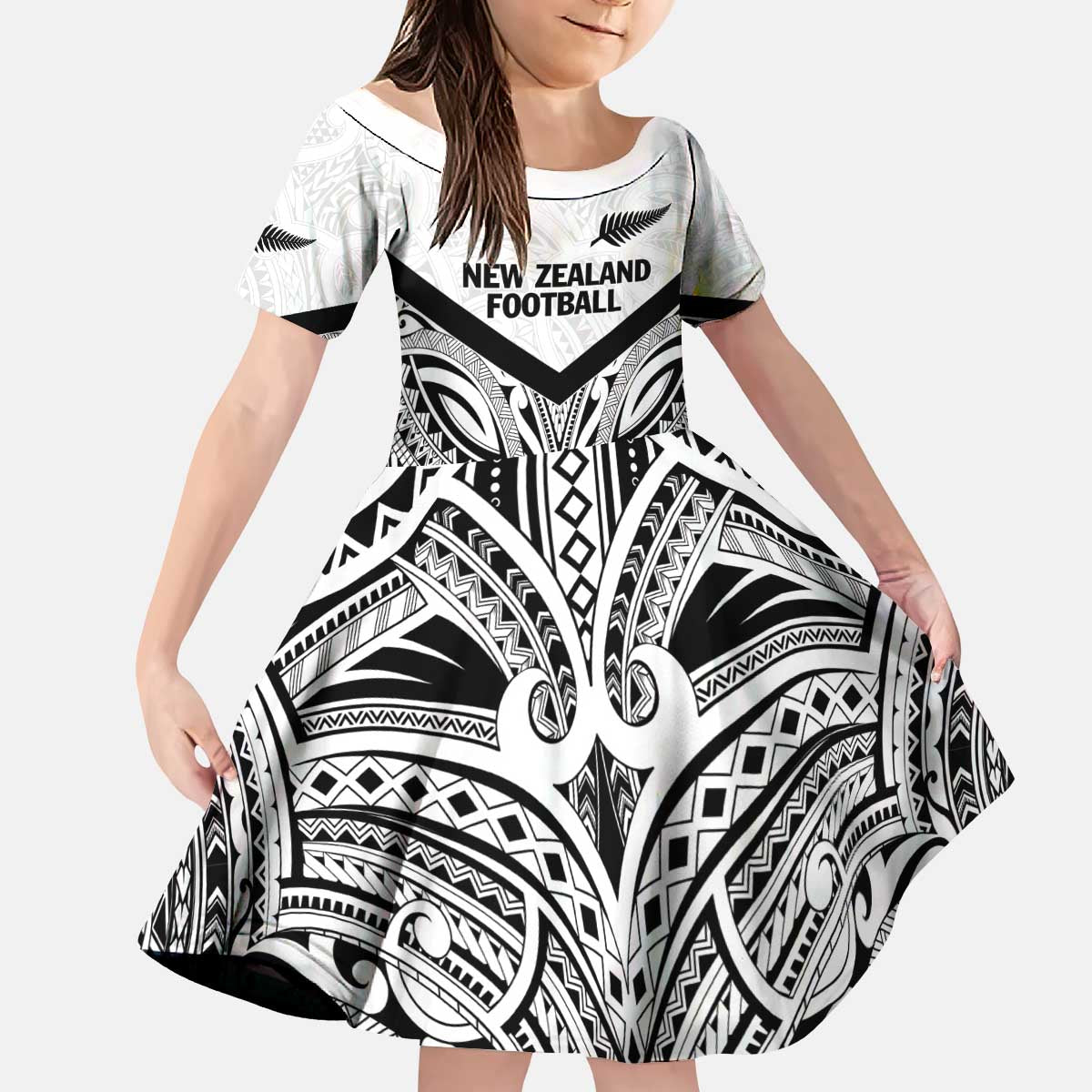 New Zealand Football Custom Kid Short Sleeve Dress All White Fern Go Champions