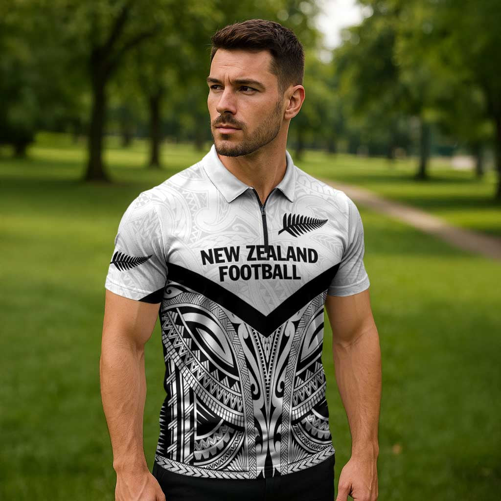 New Zealand Football Custom Zipper Polo Shirt All White Fern Go Champions - Polynesian Pride