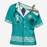 New Zealand Nurses Week Cross Shoulder Shirt Maori Kowhaiwhai Cyan Tribal