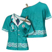 New Zealand Nurses Week Cross Shoulder Shirt Maori Kowhaiwhai Cyan Tribal