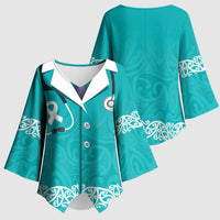 New Zealand Nurses Week Kimono Sleeve Blouse Maori Kowhaiwhai Cyan Tribal