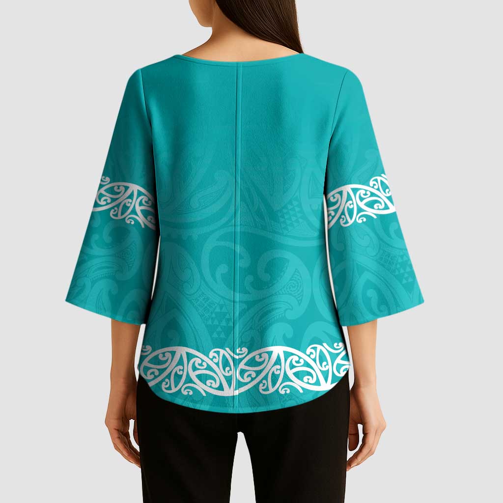 New Zealand Nurses Week Kimono Sleeve Blouse Maori Kowhaiwhai Cyan Tribal