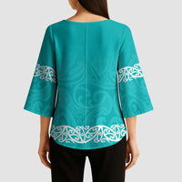 New Zealand Nurses Week Kimono Sleeve Blouse Maori Kowhaiwhai Cyan Tribal
