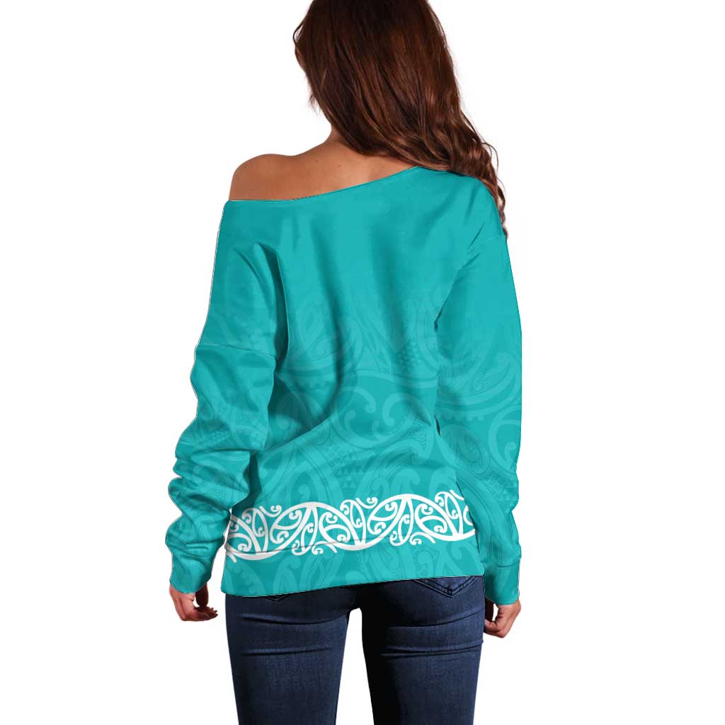 New Zealand Nurses Week Off Shoulder Sweater Maori Kowhaiwhai Cyan Tribal
