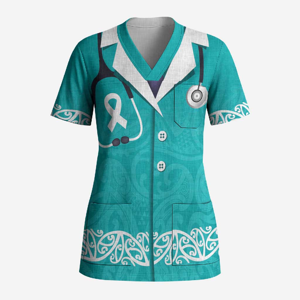 New Zealand Nurses Week Scrub Top Maori Kowhaiwhai Cyan Tribal