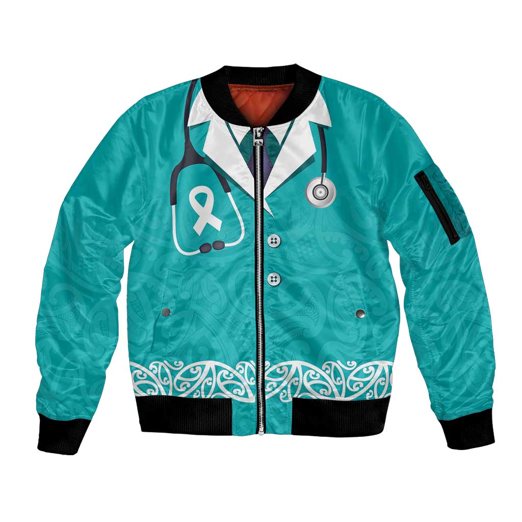 New Zealand Nurses Week Sleeve Zip Bomber Jacket Maori Kowhaiwhai Cyan Tribal
