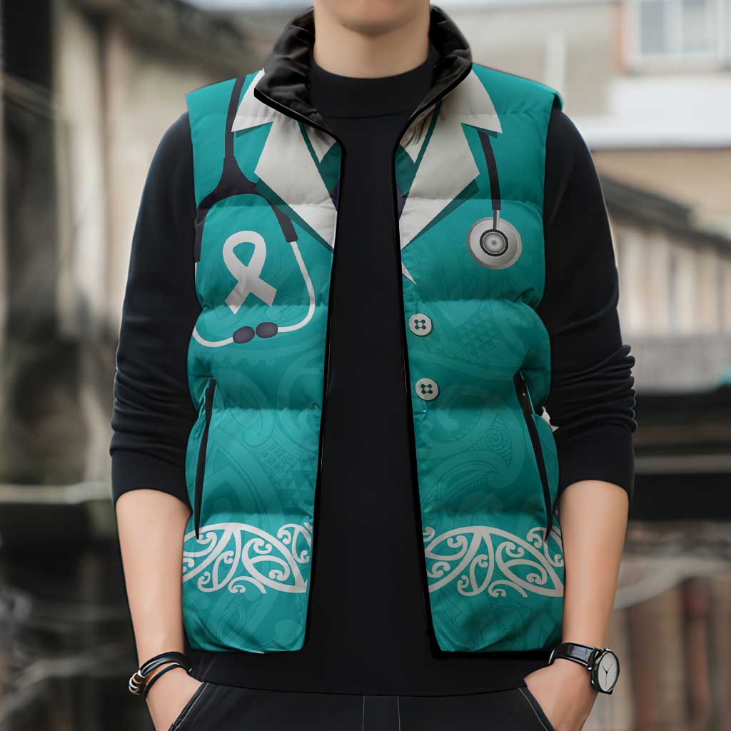 New Zealand Nurses Week Sleeveless Puffer Jacket Maori Kowhaiwhai Cyan Tribal