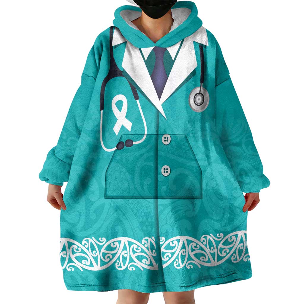 New Zealand Nurses Week Wearable Blanket Hoodie Maori Kowhaiwhai Cyan Tribal