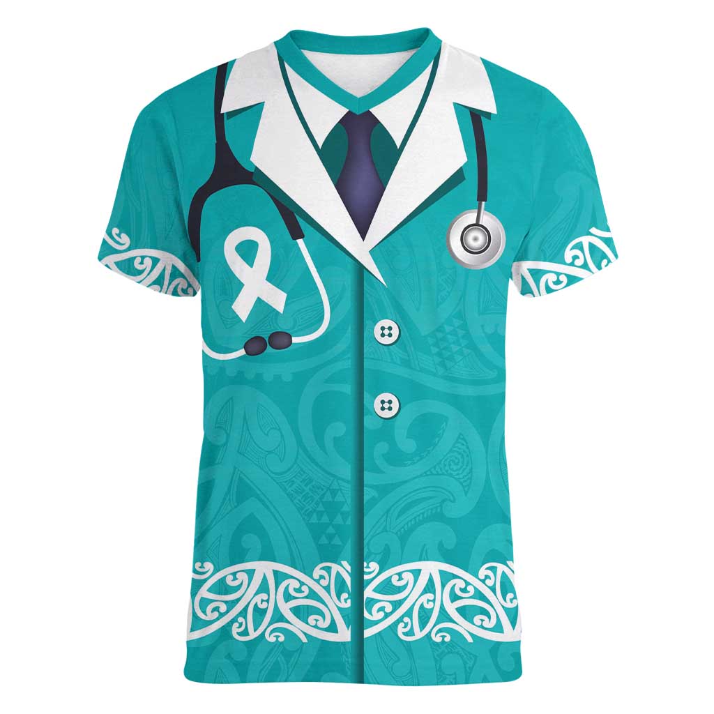New Zealand Nurses Week Women V-Neck T-Shirt Maori Kowhaiwhai Cyan Tribal