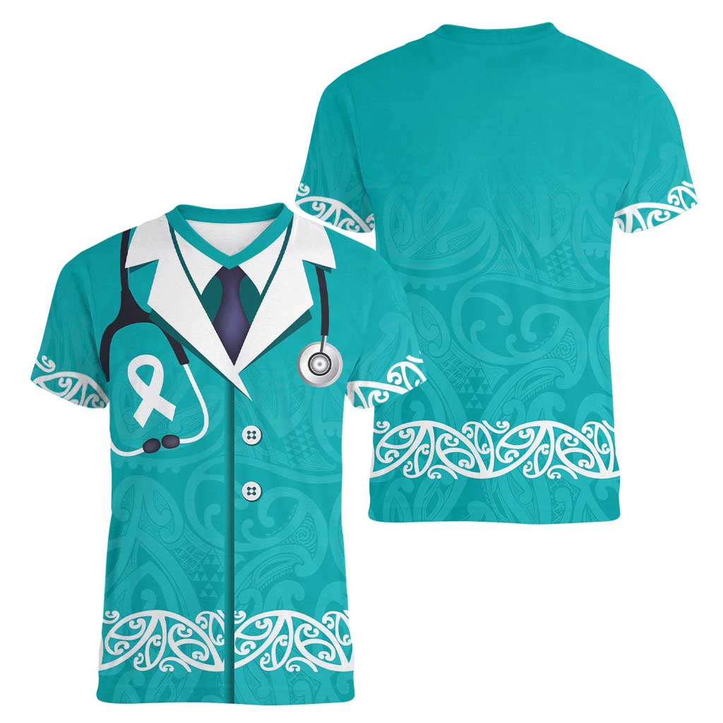 New Zealand Nurses Week Women V-Neck T-Shirt Maori Kowhaiwhai Cyan Tribal