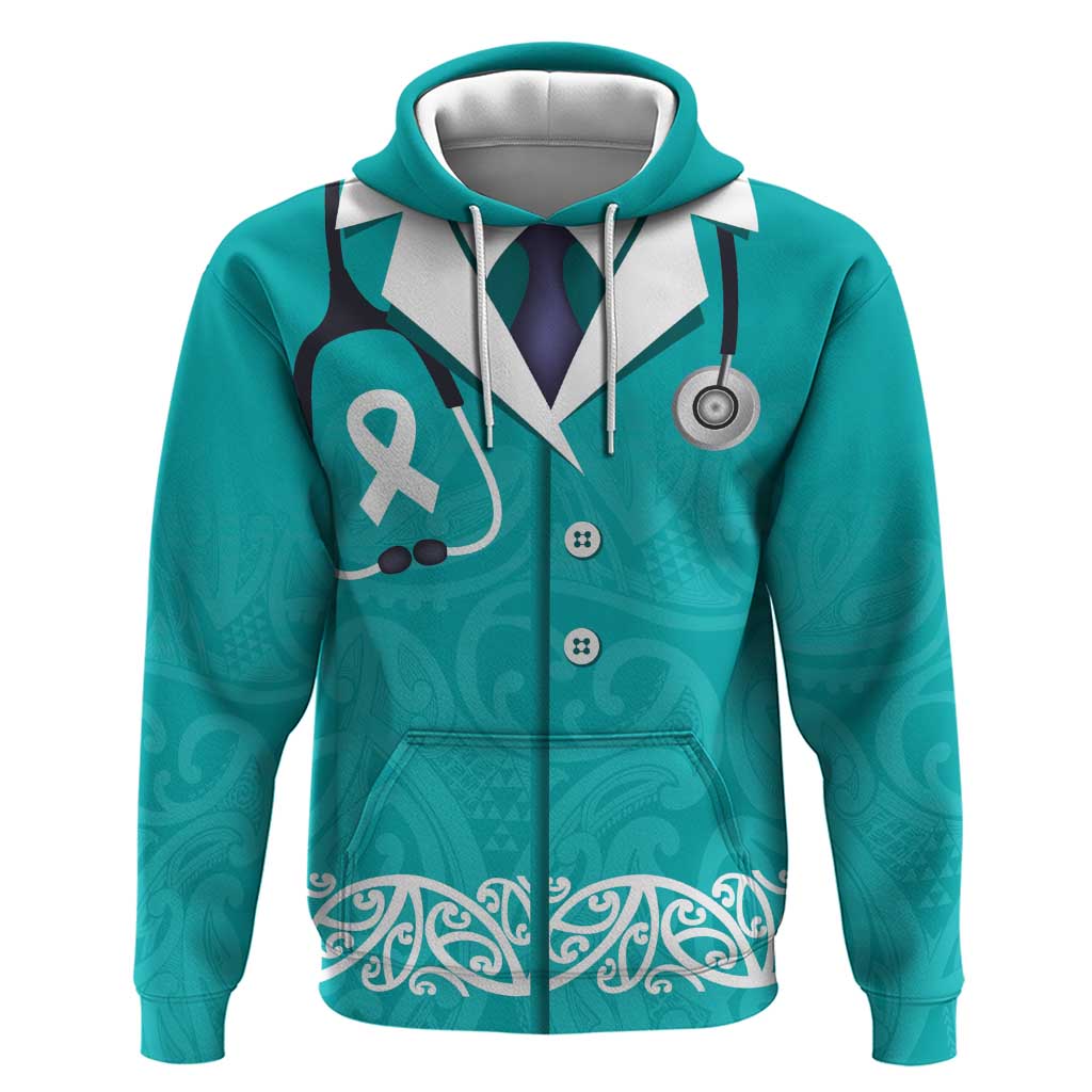 New Zealand Nurses Week Zip Hoodie Maori Kowhaiwhai Cyan Tribal